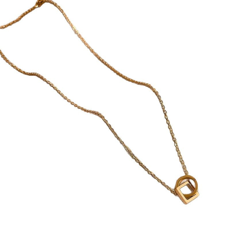Minimalist Elegant Geometric Titanium Steel Plated Double Ring Necklace for Women