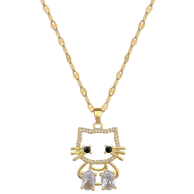 Elegant Titanium Steel Hollow Cat Pendant Necklace for Women with Rhinestone Inlay, Geometric Design, Delicate Clavicle Chain