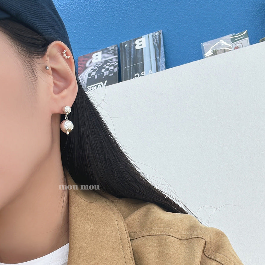 Minimalist Round Bead Stud Earrings in 925 Sterling Silver with Geometric Faceted Cubic Design