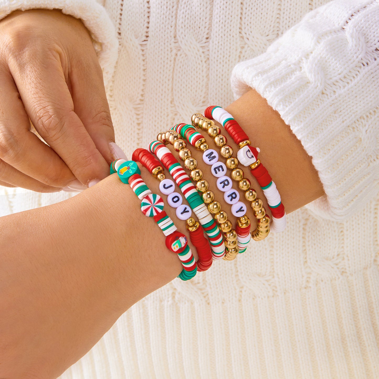Sweet and Edgy Christmas Tree and Heart Polymer Clay Beaded Bracelet Set for Women Alloy Multi-Layer Stacking Bracelets