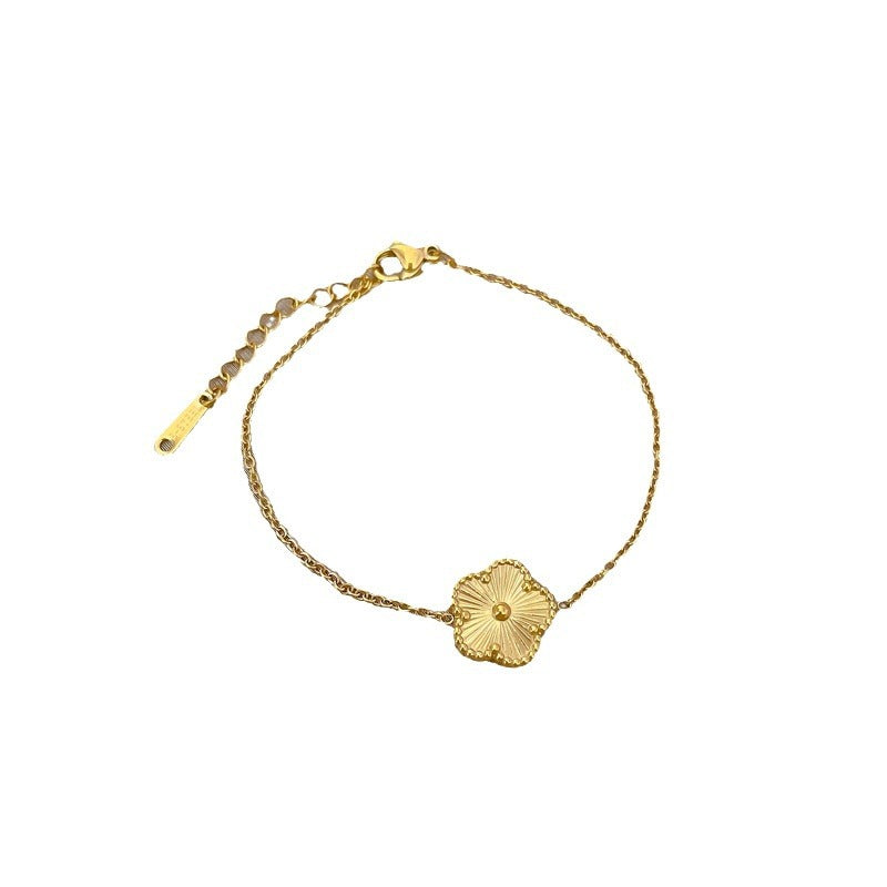 Minimalist Vintage Bohemian Titanium Steel Flower Leaf Link Chain Bracelet for Women with Wavy and Bean Pattern Gold Plated