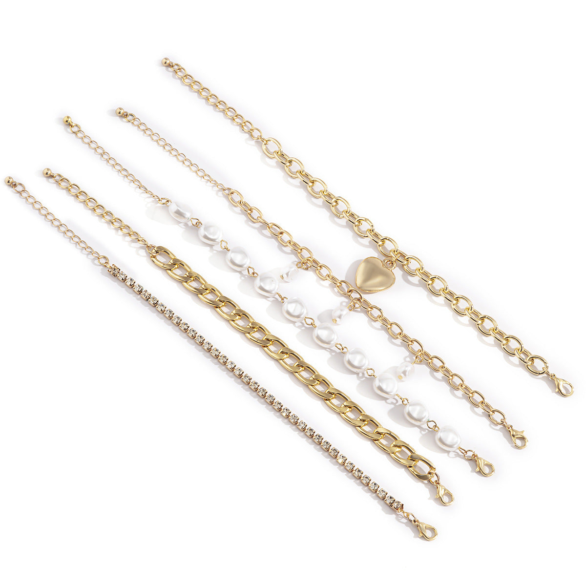 Vintage Heart-Shaped Plated Metal Hand Chain Set with Imitation Pearl Tassels for Women