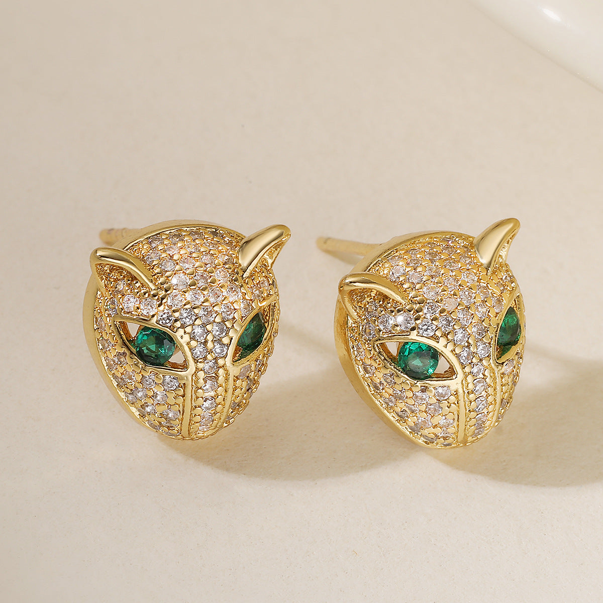 Minimalist 18K Gold Plated Brass Geometric Leopard Head Stud Earrings with Cubic Zirconia for Women
