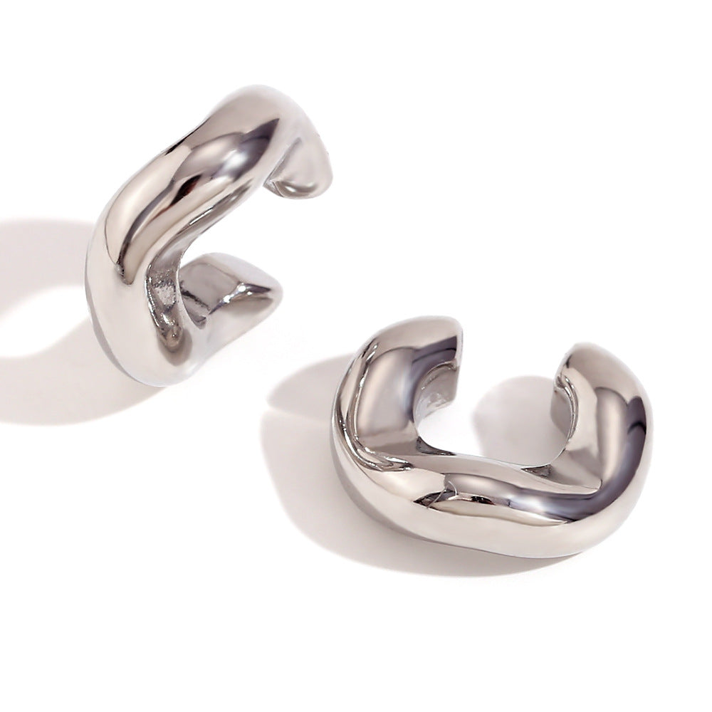 Minimalist Geometric Stainless Steel Ear Clips with 18K Gold Plating Thick C-Shaped Cutout Design for Women