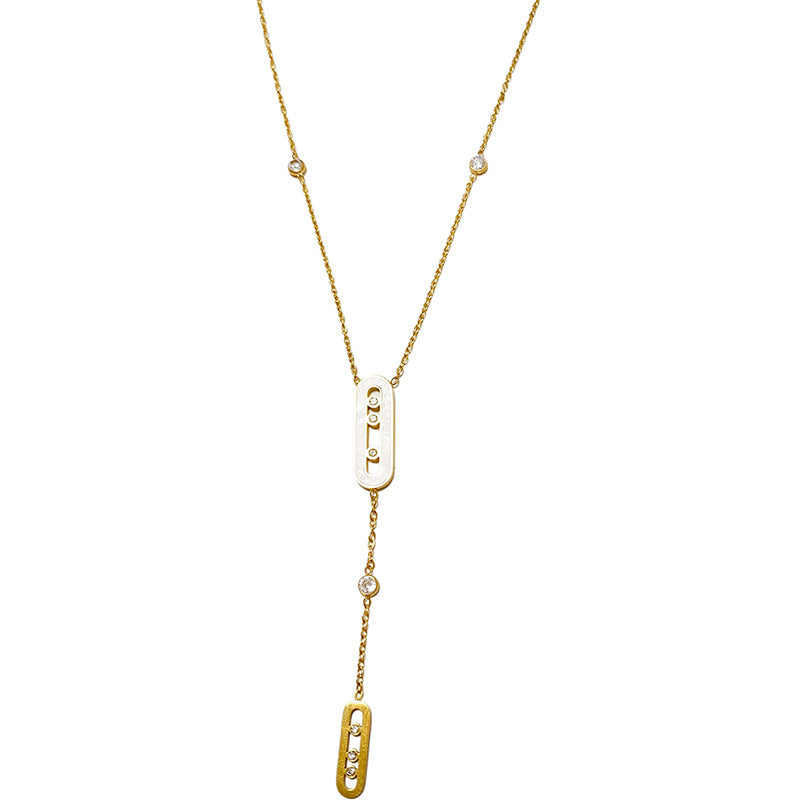 Minimalist Geometric Titanium Steel Necklace with Gold Plating, Micro-set Diamond and Shell Tassel