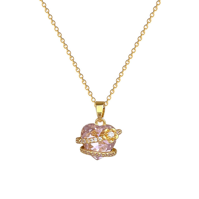 Collar con Colgante de Corazón Floral Rosa en Acero Inoxidable con Acentos de Pedrería para Mujer Cadena de Medallón Minimalista
