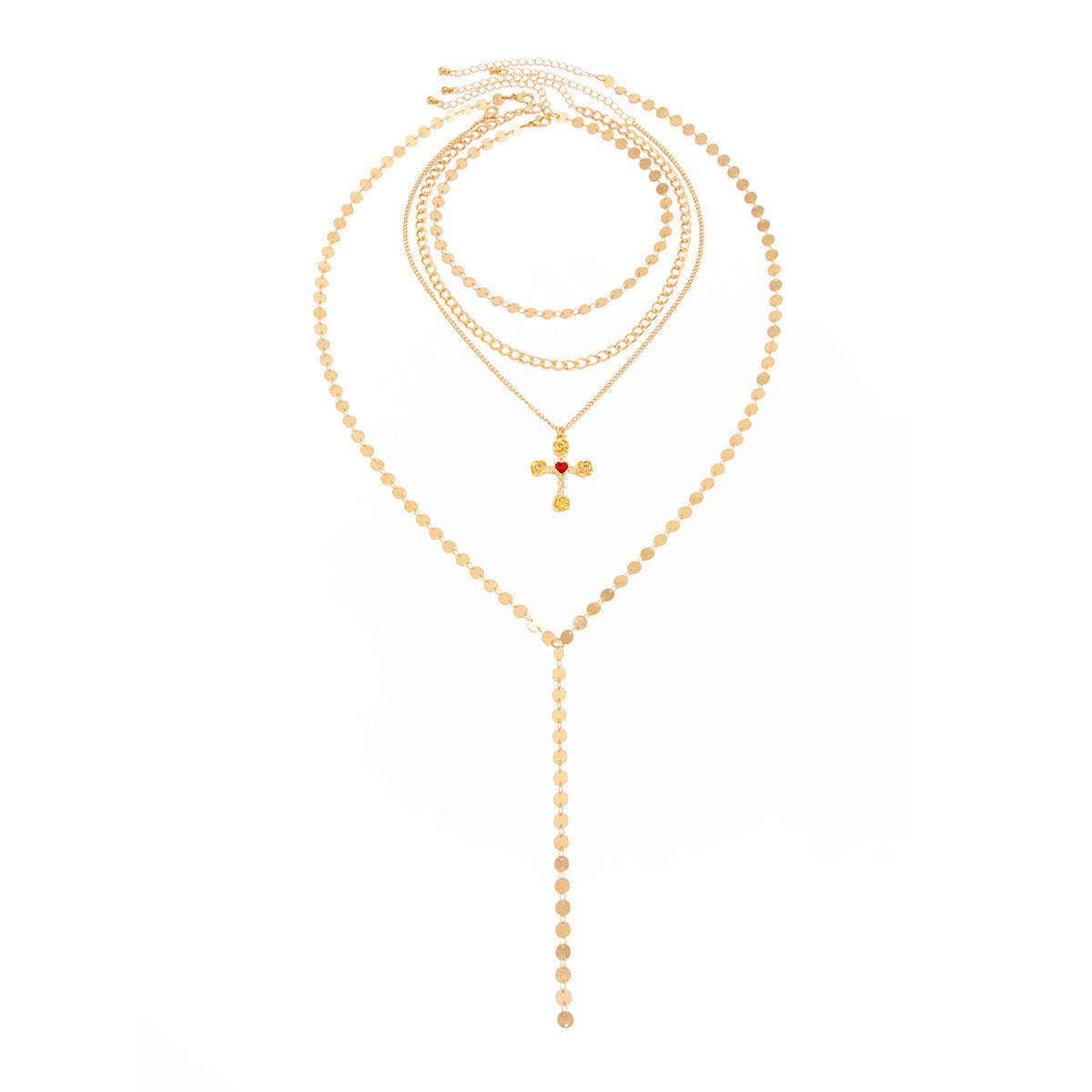 Elegant Rhinestone Inlaid Cross Pendant Necklace Brass Zinc Alloy Plated Layered Chain Jewelry for Women
