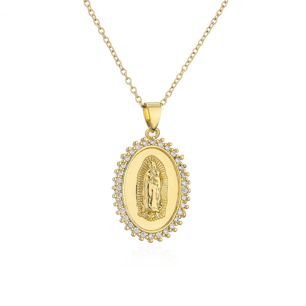 Minimalist Geometric Brass Micro-Inlaid Cubic Zirconia Necklace with Gold Plated Mary Pendant