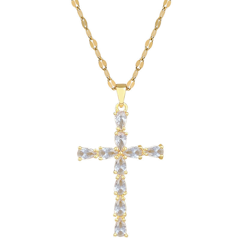 Sweet Teardrop Cross Rhinestone Titanium Steel Necklace for Unisex