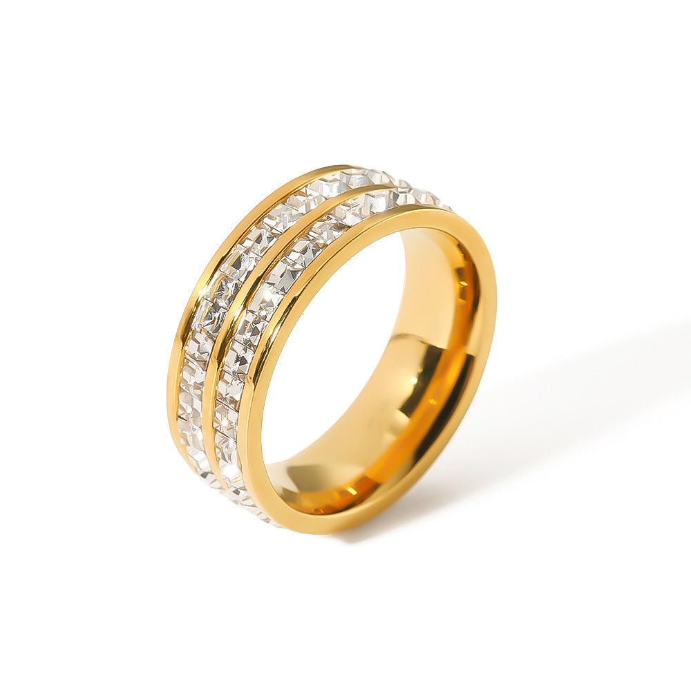 INS Style Geometric Titanium Steel Ring with 18K Vacuum Plated Finish and Double-Layer Round Zirconia Inlay for Women