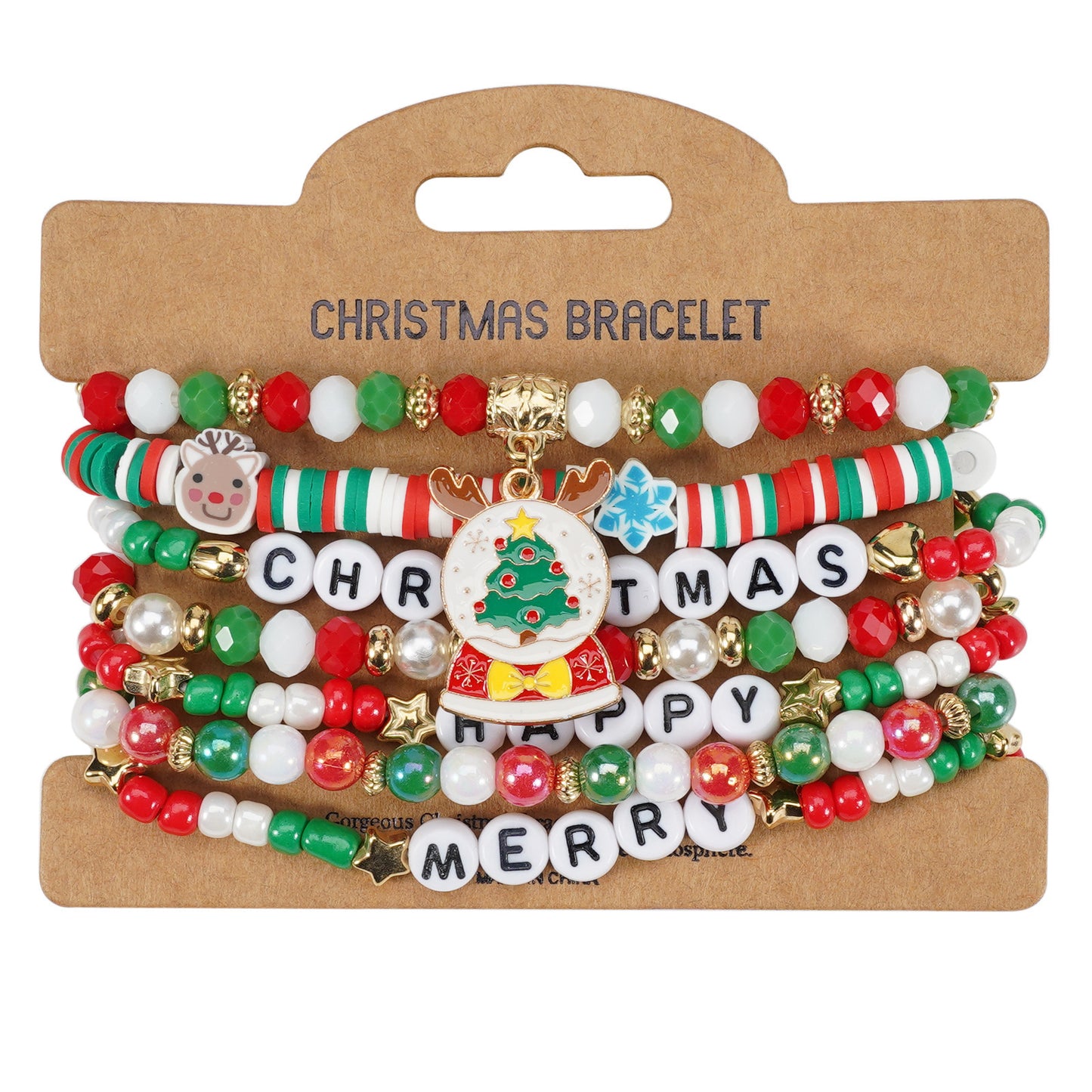 Unisex Natural Stone Beaded Bracelet with Snowman Christmas Tree Santa Reindeer Charms Floral Pattern Holiday Gift