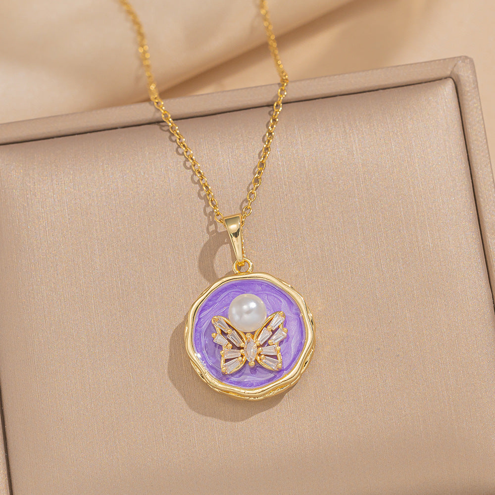 Minimalist Floral Butterfly Baroque Freshwater Pearl Necklace in Titanium Steel with Enamel Finish for Women