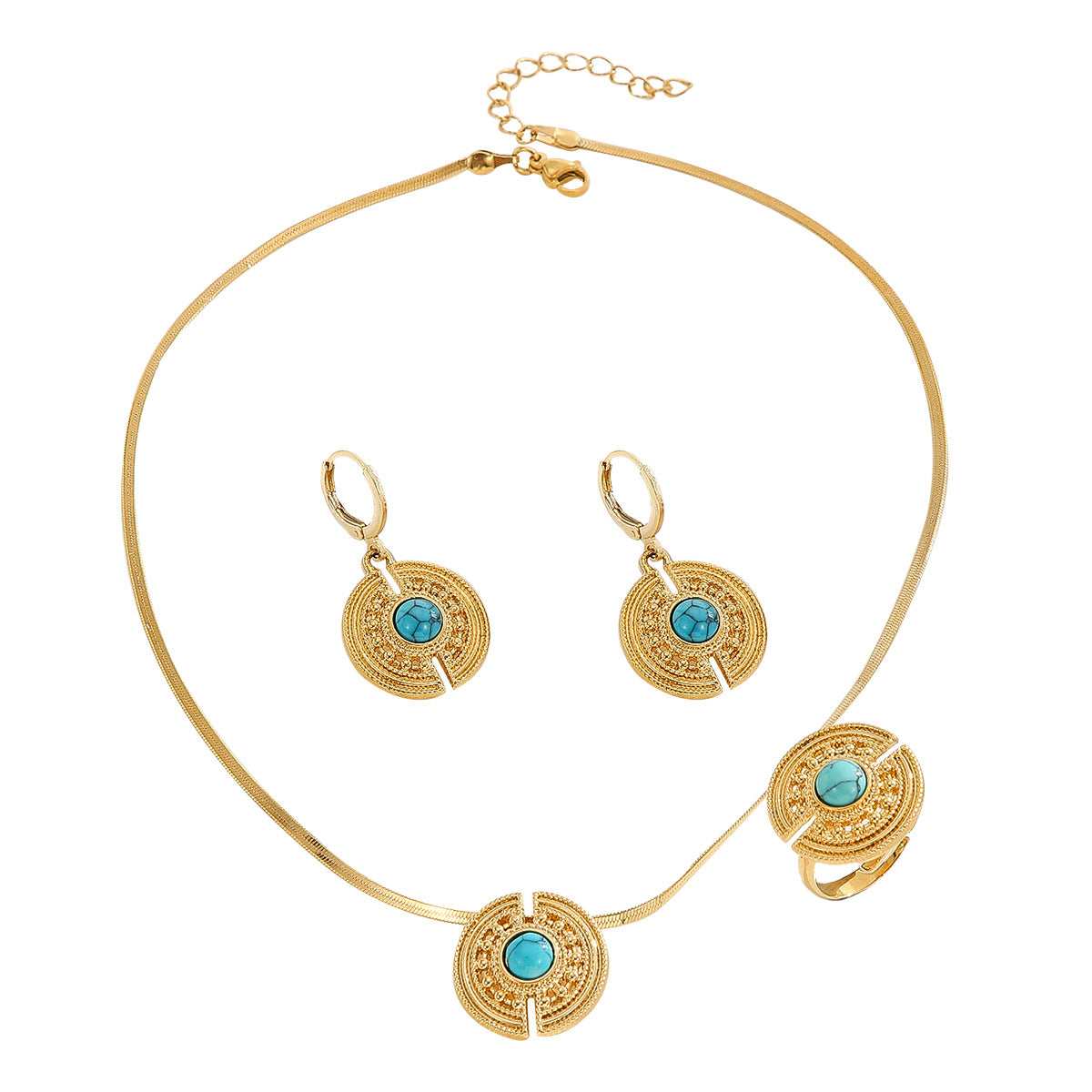 Conjunto de Anillo, Collar y Pendientes de Cobre Geométrico Estilo Royal Vintage con Incrustaciones de Turquesa y Cadena de Placa Retorcida