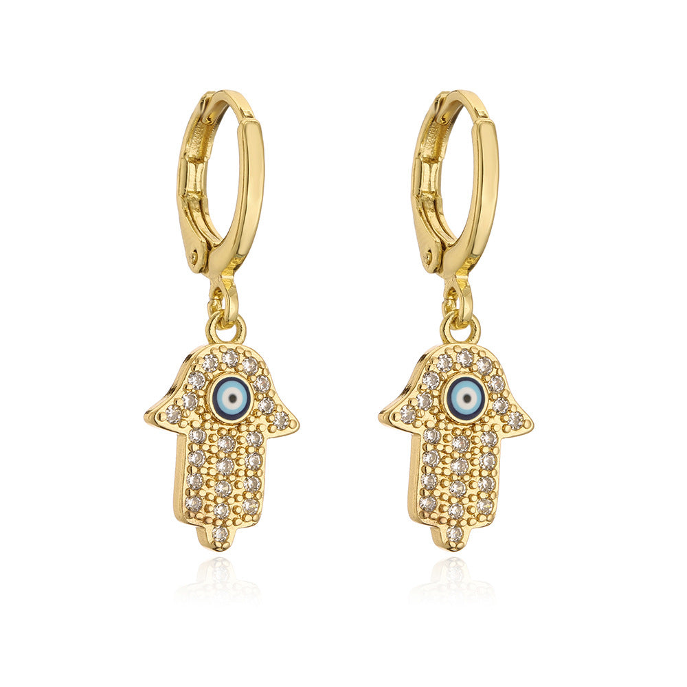 Minimalist Fatima Hand Earrings for Women in Copper with 18K Gold Plating and Zircon Inlay