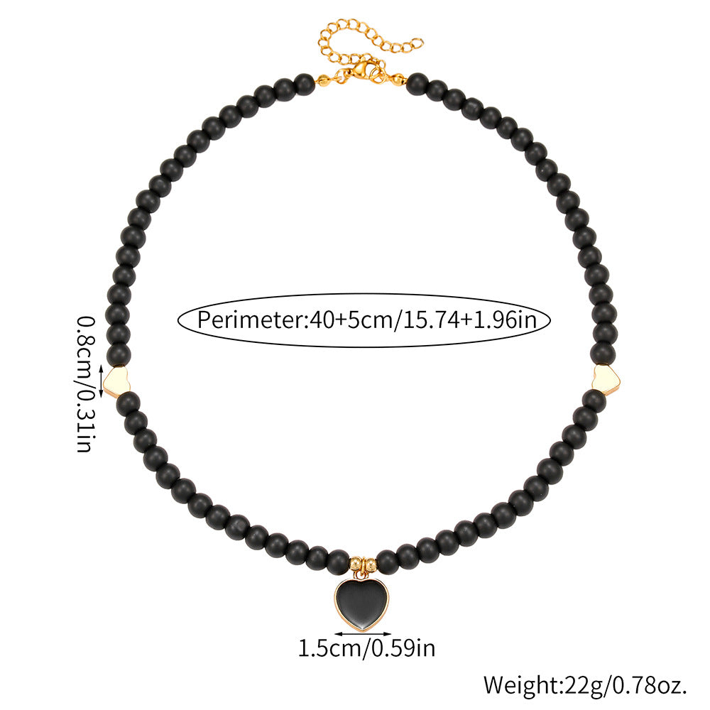 Minimalist Geometric Heart Drip Oil Alloy Necklace with Black Agate Beads for Women