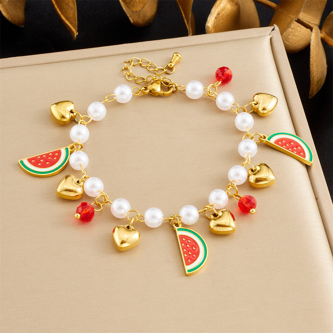 Sweet Gold Plated Drip Oil Fruit Pearl Bracelet with Strawberry Cherry Watermelon Charms