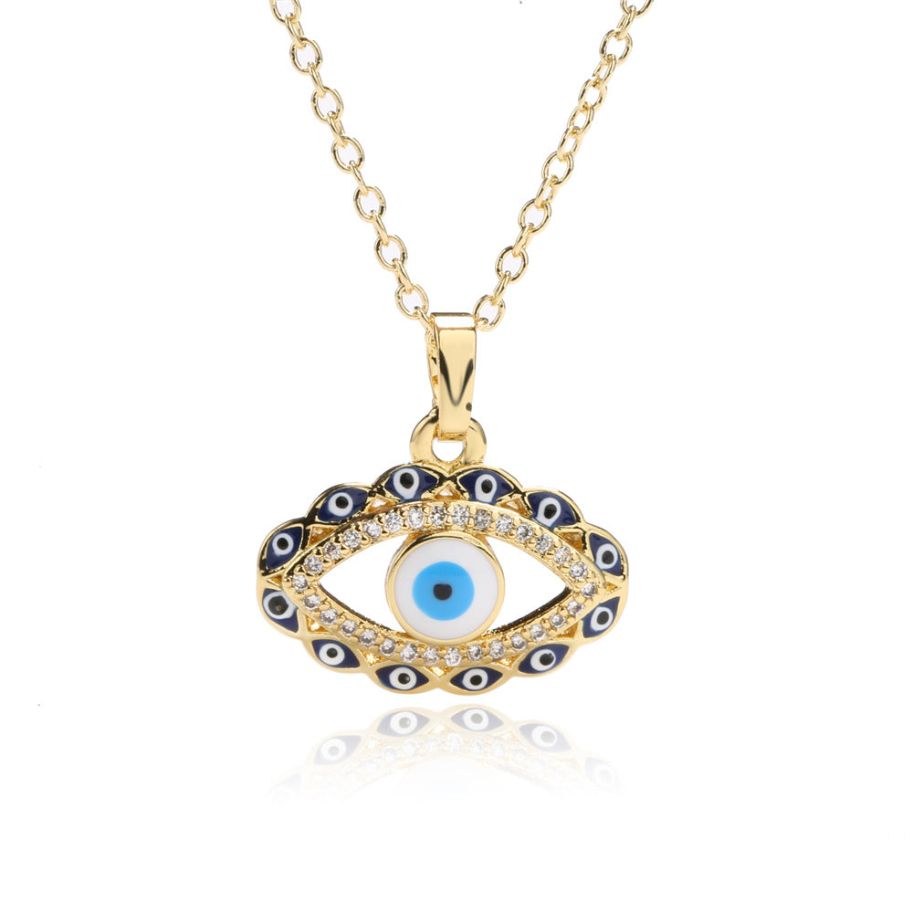 Minimalist Geometric Evil Eye Pendant Necklace for Women with Copper Base Plated in 18K Gold and Enamel-Finished Zirconia
