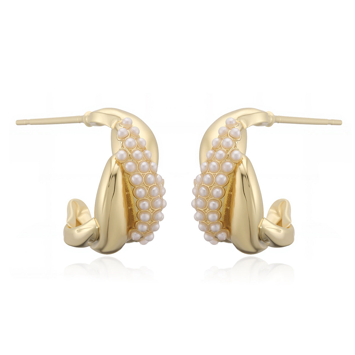 Minimalist Geometric Brass Gold Plated Pearl Stud Earrings with Abstract Design for Women