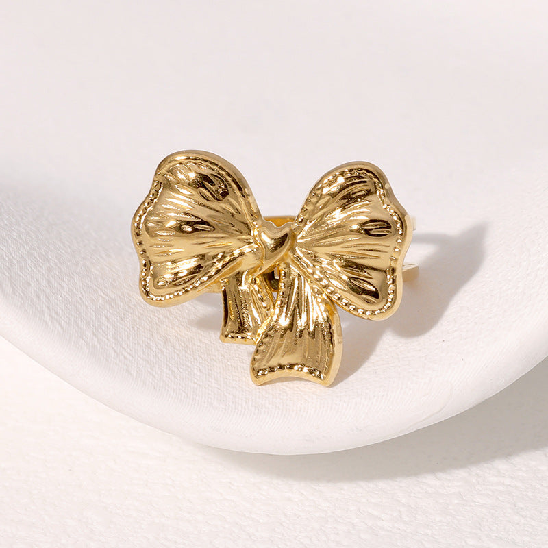 Anello Minimalista Regolabile a Forma di Fiocco in Acciaio Inossidabile da Donna con Finitura Placcata