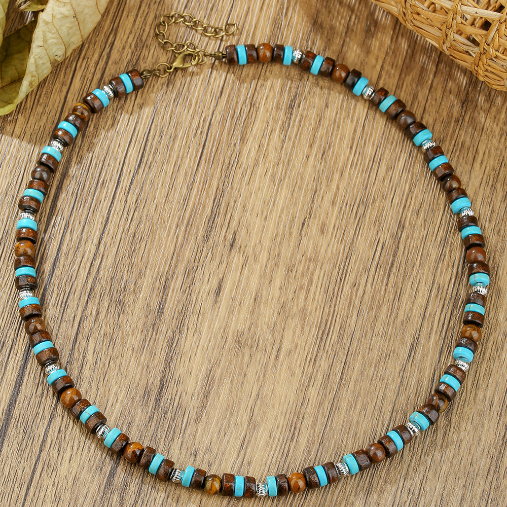 Hip-hop Geometric Round Wood Resin Bracelet Necklace Set with Cable Chain for Unisex