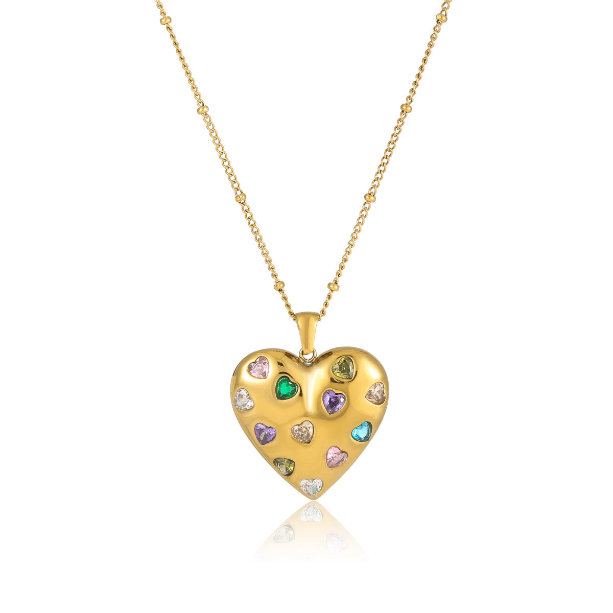 Collar de moda con colgante de acero inoxidable chapado en oro de 18 quilates en forma de corazón para mujer con incrustaciones de circonitas de colores