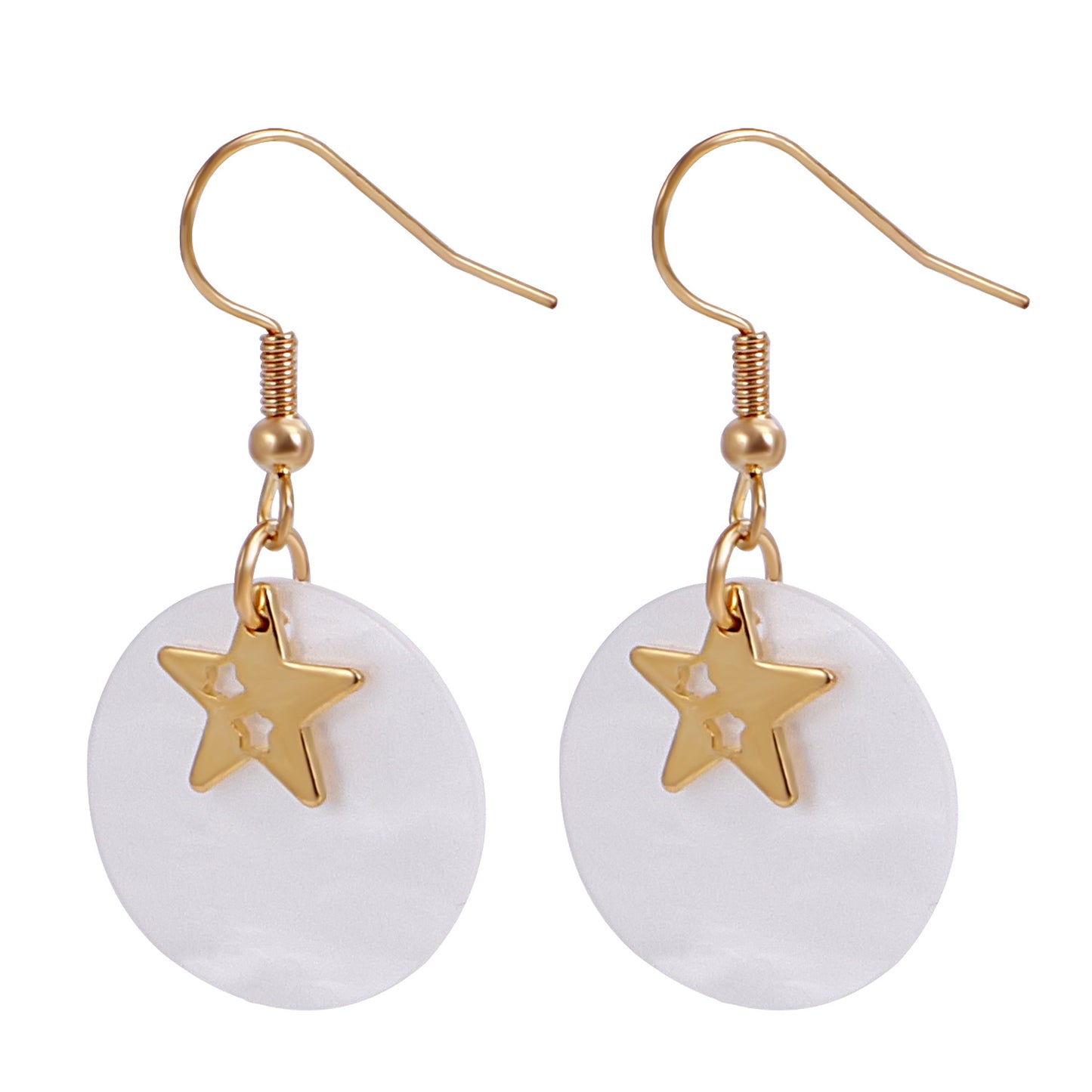 Vintage Style Geometric Star White Mother of Pearl Pendant Earrings for Women with Plated Alloy Finish