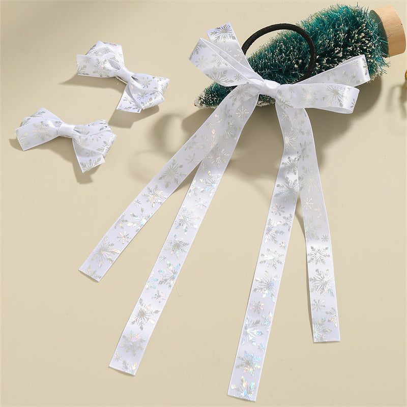 Pinzas para el pelo y gomas de pelo con diseño minimalista de lazos y copos de nieve para niños, accesorios para el pelo de tela blanca con temática navideña