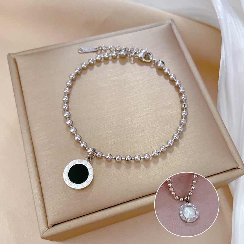 Minimalist Titanium Steel Roman Bead Bracelet for Women with Gold Plating and Water Ripple Texture