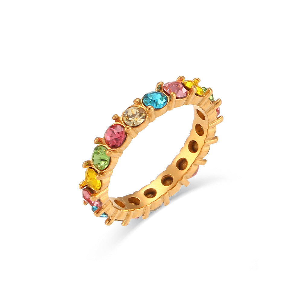 Minimalist Geometric Stainless Steel Ring for Women with 18K Gold Plating and Micro-Paved Colored Zirconia