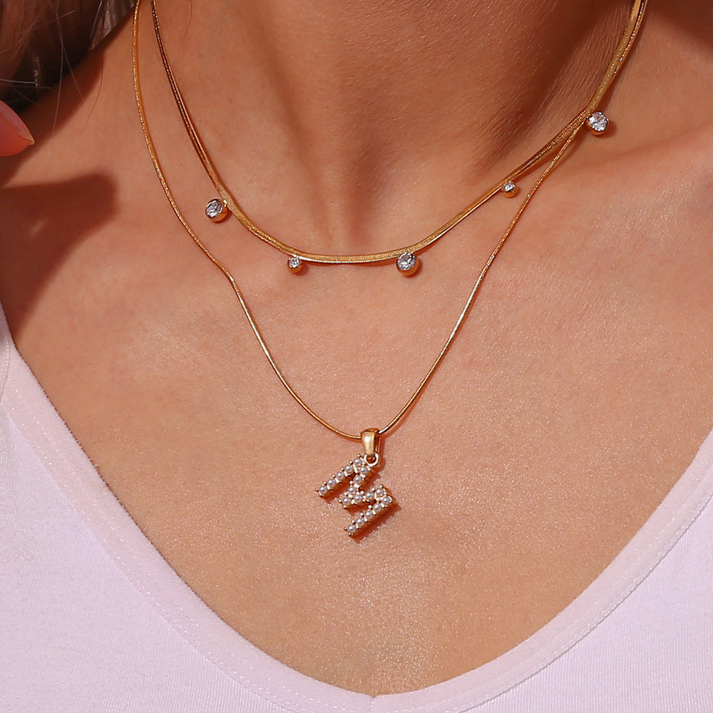 Fashion Vintage 18K Gold Plated Stainless Steel Geometric Round Zircon Flat Snake Chain Necklace for Women