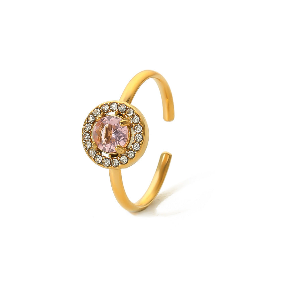 Anello Minimalista Geometrico Rotondo in Acciaio Inossidabile con Intarsio di Zircone Rosa e Placcatura in Oro 18K Sottovuoto per Donna