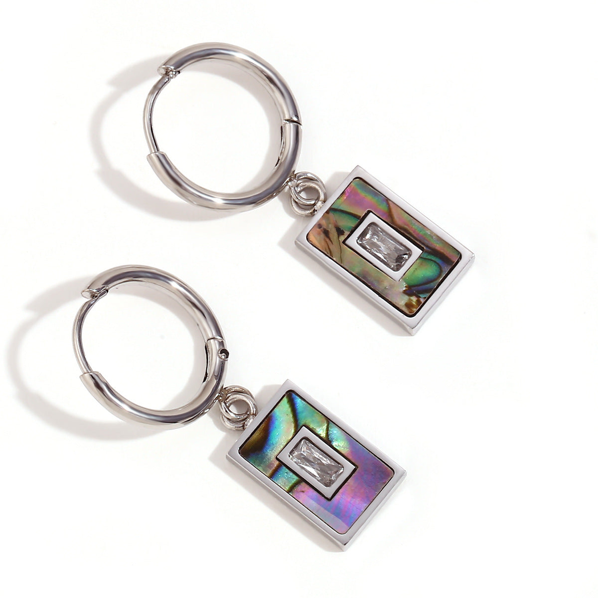 Minimalist Geometric Stainless Steel Plated Rectangle Abalone Shell and Zircon Earrings for Women
