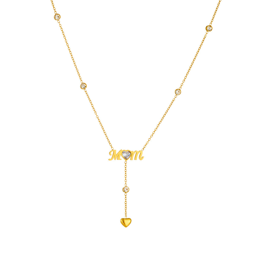 Minimalist Elegant Heart Letter Rhinestone Tassel Stainless Steel Pendant Necklace for Women