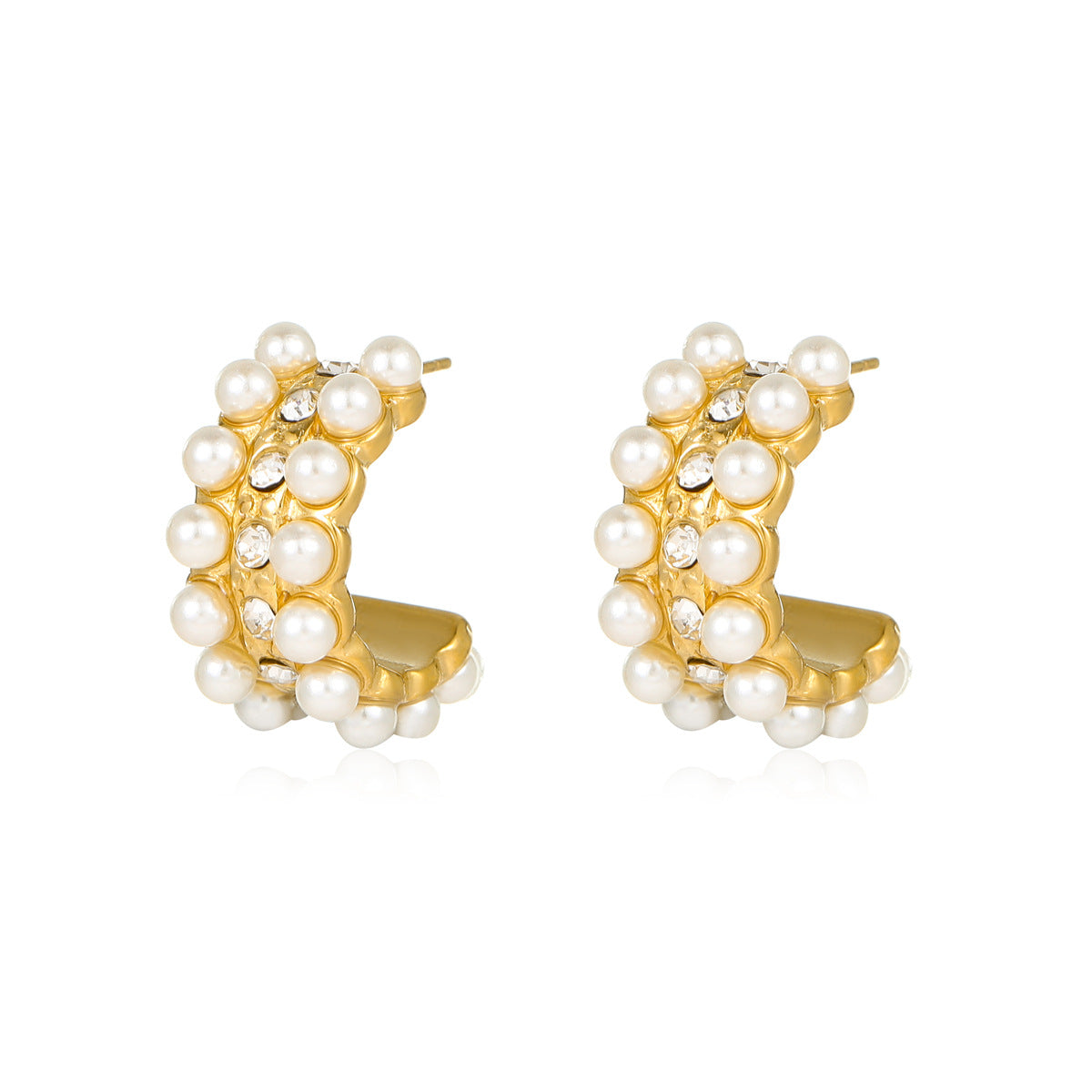 Minimalist C-Shaped Titanium Steel Earrings with Pearl and Zircon Inlay for Women