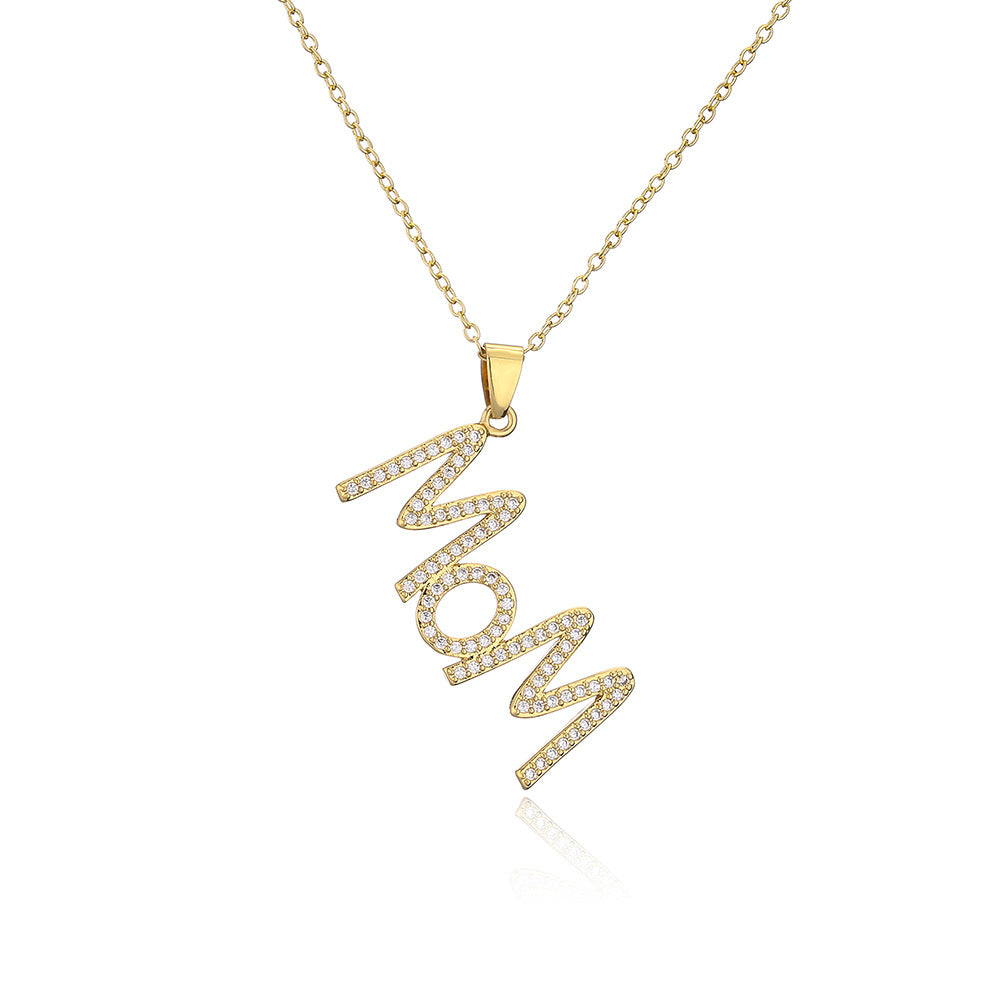 Collana con Pendente Geometrico Minimalista "MOM" da Donna in Rame Placcato Oro 18K con Zirconi Micro-Pavé