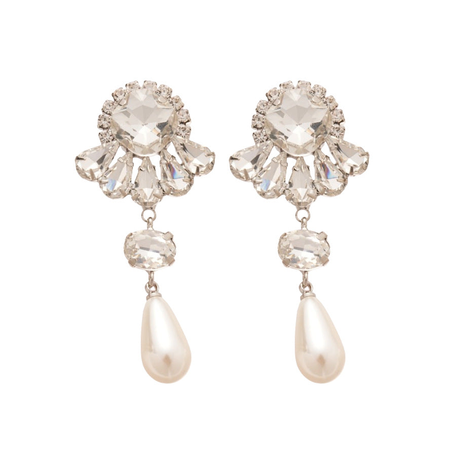 Orecchini da donna pendenti a goccia eleganti e minimalisti con perle e strass, perni in argento sterling 925