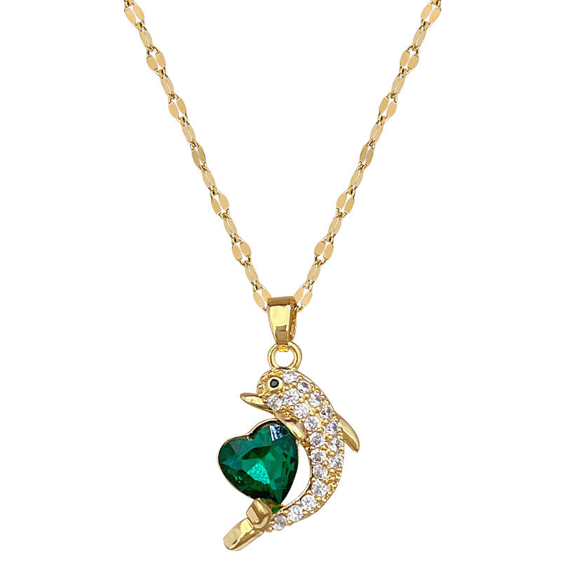 Minimalist Green Heart Dolphin Pendant Necklace for Women Stainless Steel Delicate Clavicle Chain with Rhinestone Accents