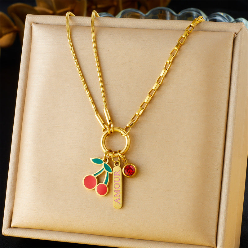 Vintage Double Layer Stainless Steel Necklace with Rhinestone and Drip Oil Cherry Heart Star Charms