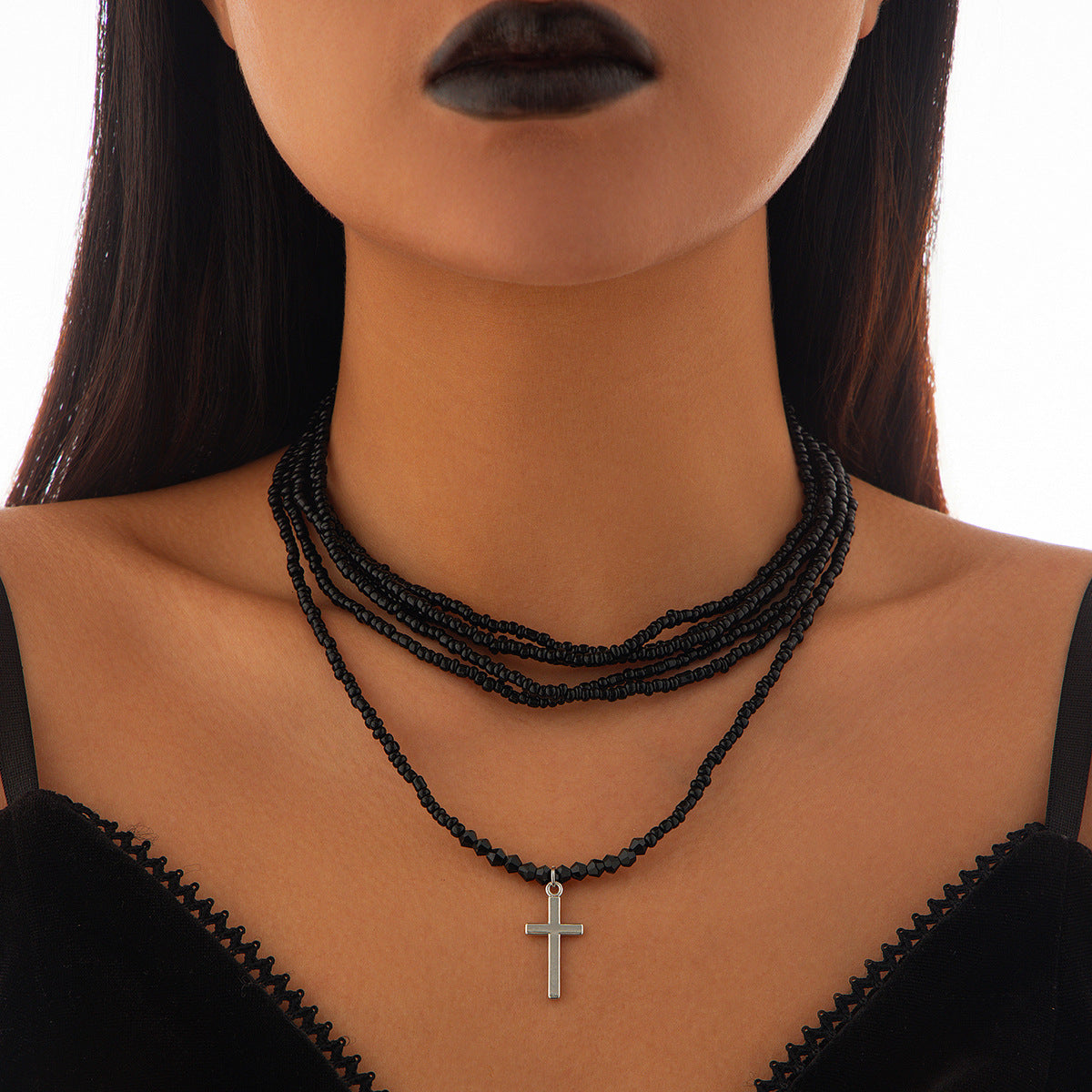 Elegant Geometric Cross Alloy Plated Multi-layer Beaded Necklace Set for Women