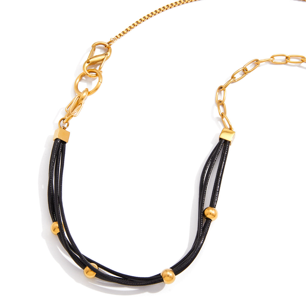 Collana con ciondolo geometrico vintage in acciaio inossidabile con cordino in cera nera da donna, catena per maglione autunno inverno, gioielli minimalisti di lusso