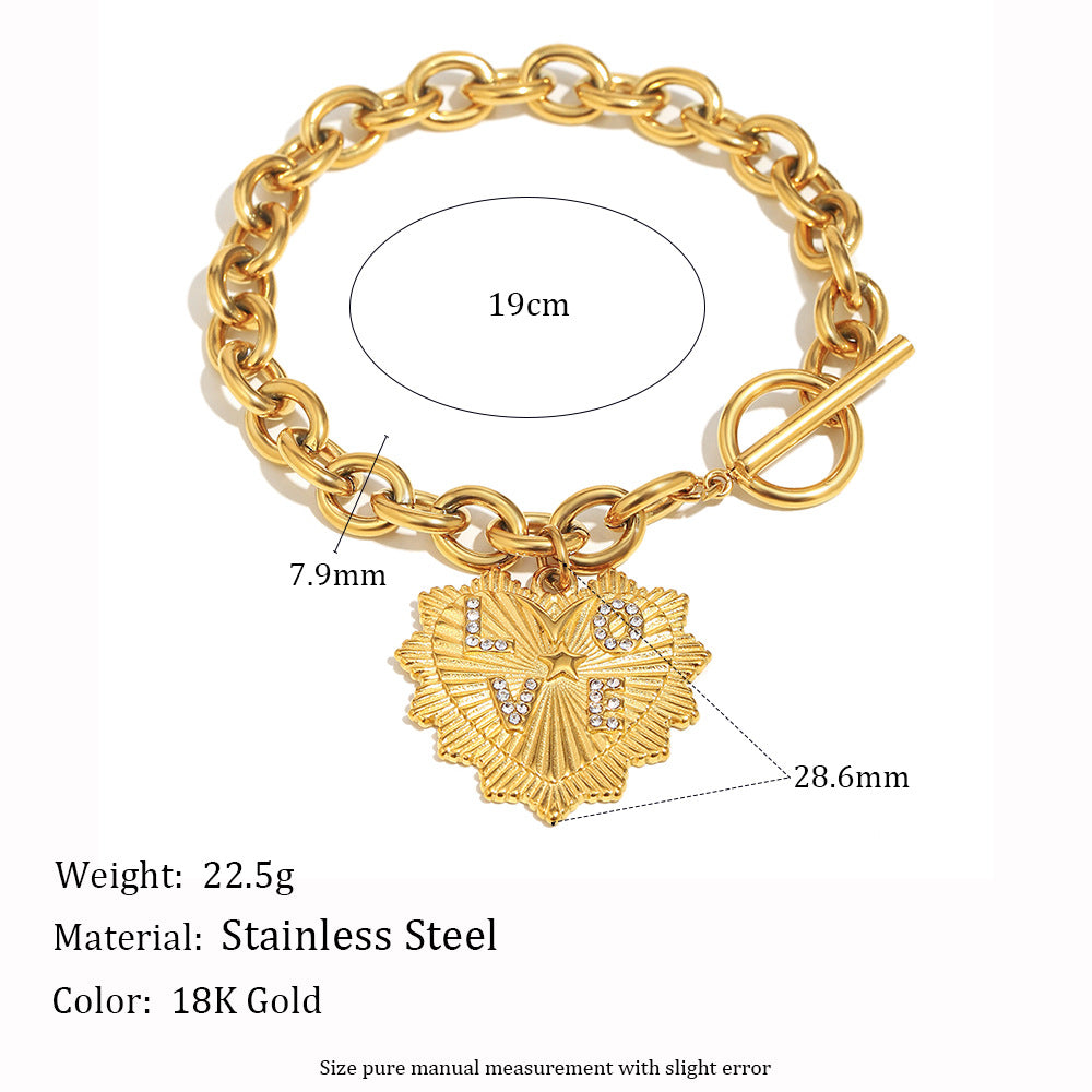 Set di collana e bracciale pendente a cuore in stile vintage in acciaio inossidabile con placcatura in oro 18 carati su catena O-ring