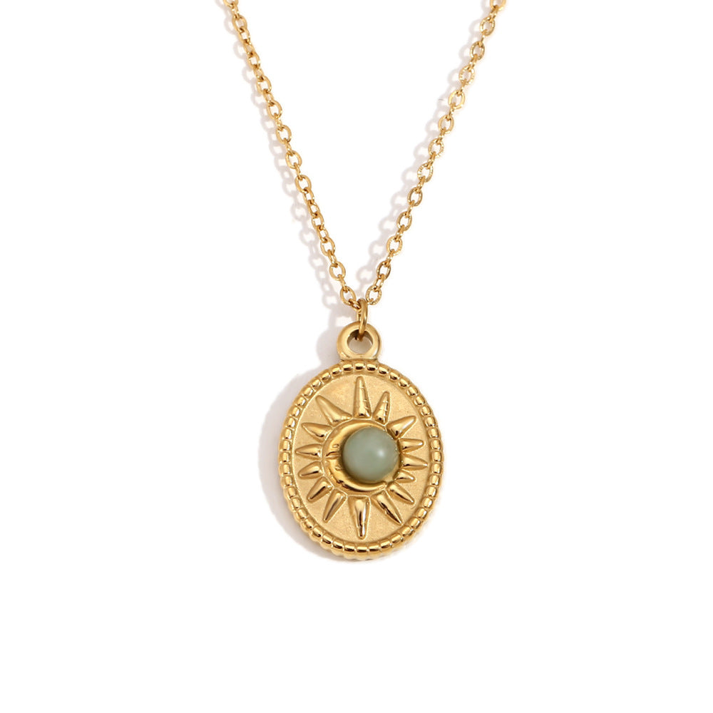 Collana pendente ovale retrò minimalista a forma di sole in acciaio inossidabile placcato oro 18 carati con intarsio in pietra naturale