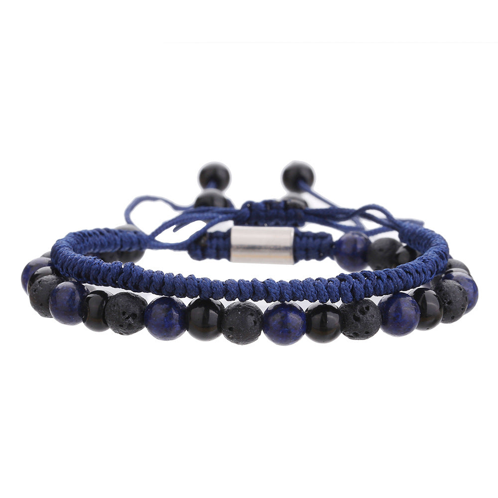 Adjustable Men's Geometric Stone Bracelet with Lava Rock Turquoise and Tiger Eye Beads Handmade Bohemian Style