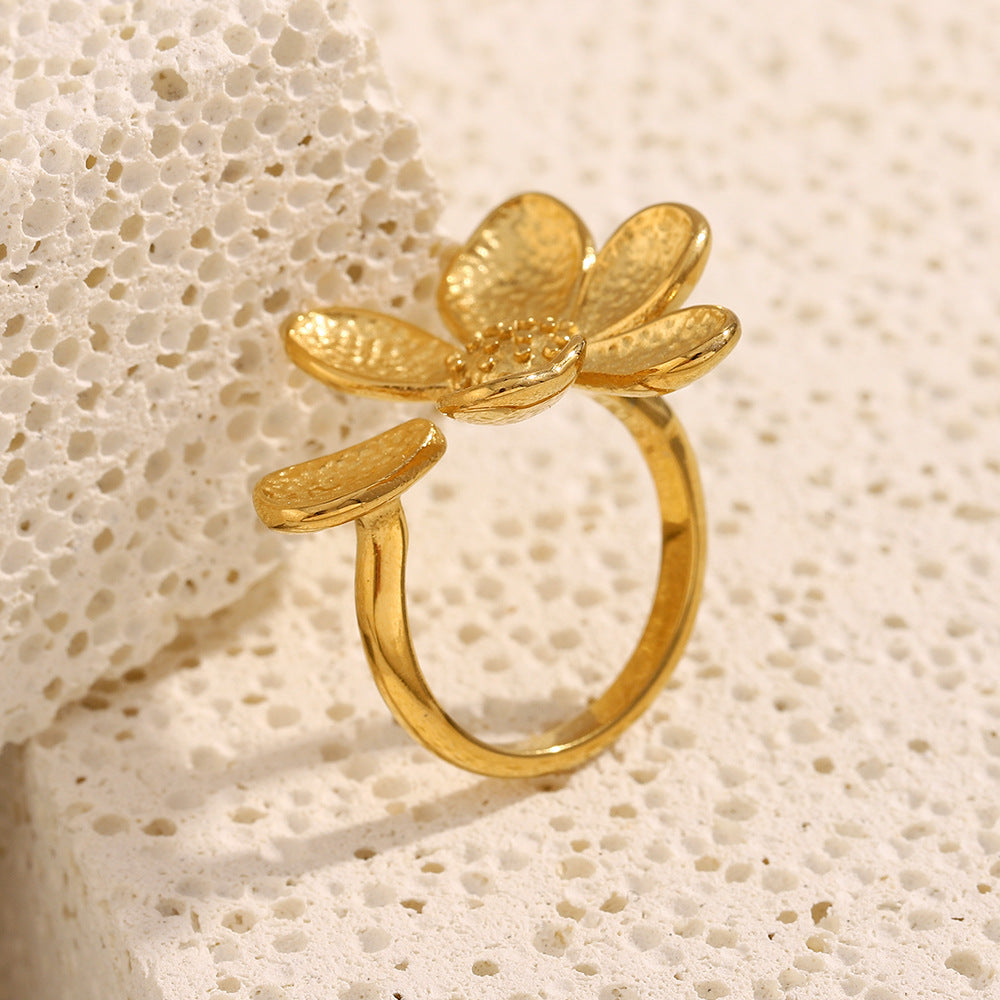 Anillo abierto floral de moda de acero inoxidable con baño de oro de 18 quilates para mujer