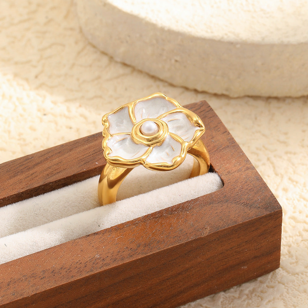 Anello in acciaio inossidabile placcato oro 18 carati con fiore a goccia, minimalista ed elegante, per donna