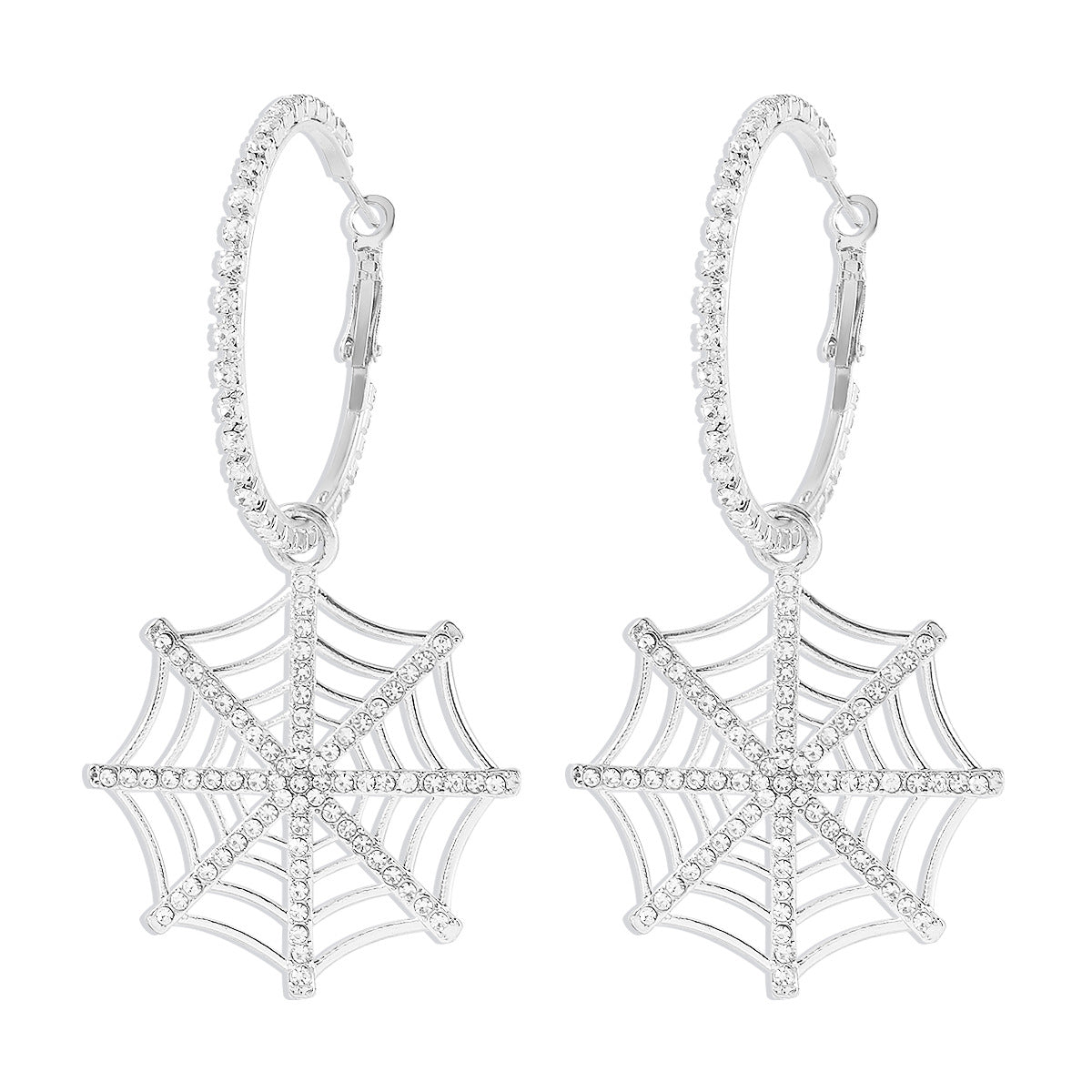 Sweet and Edgy Geometric Spiderweb Pendant Hoop Earrings in Alloy with Rhinestone Inlay and Plated Finish