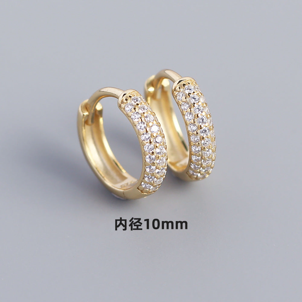 Minimalist Geometric S925 Sterling Silver Huggie Hoop Earrings with Triple Row Rhinestone Inlay