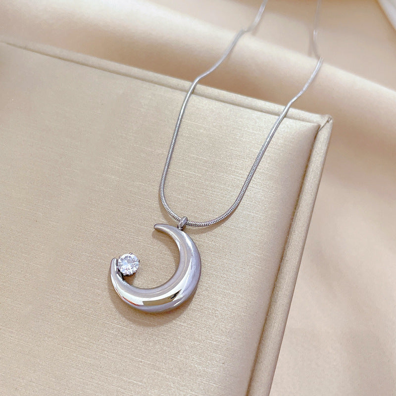 Minimalist Moon-Shaped Titanium Steel Necklace with Zircon Inlay for Women Fashionable Clavicle Chain
