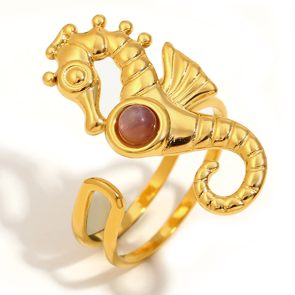 Fashionable Unisex Seahorse-Shaped Stainless Steel Ring with 18K Gold Plating and Ruby Accent