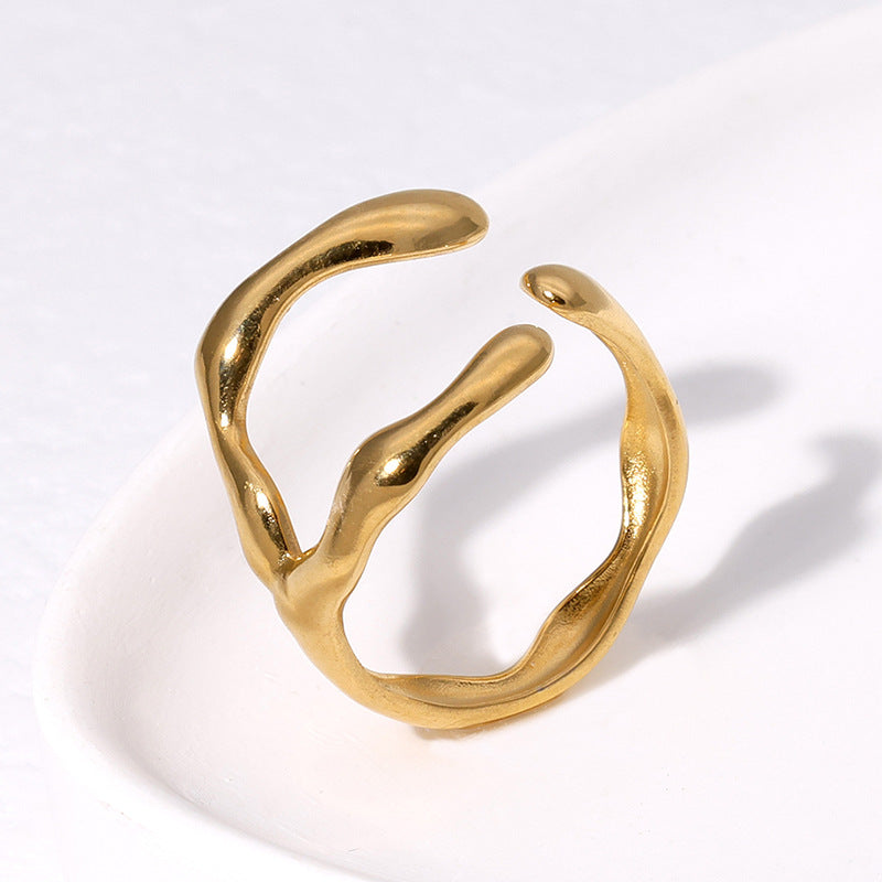 Irregular Geometric Stainless Steel Open Ring for Women with Plated Finish, Instagram Style Minimalist Fashion Jewelry